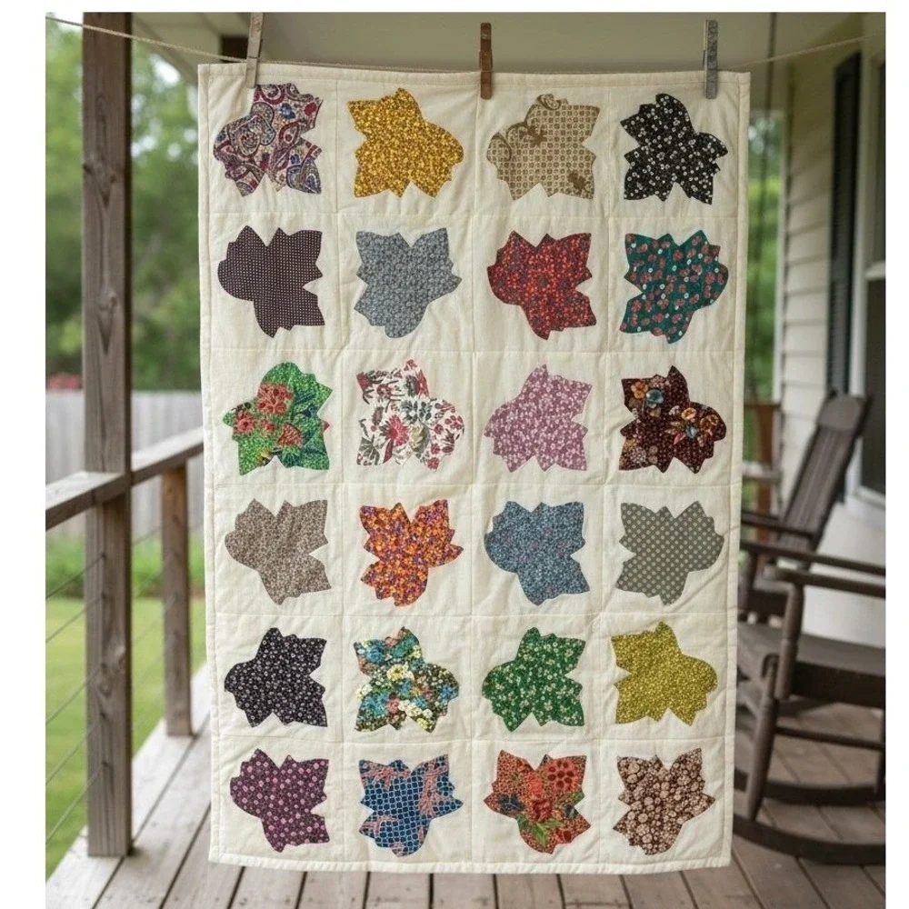 Handmade Leaf Applique Scrappy Patchwork Quilt Cottagecore Wall Hanging 32x48